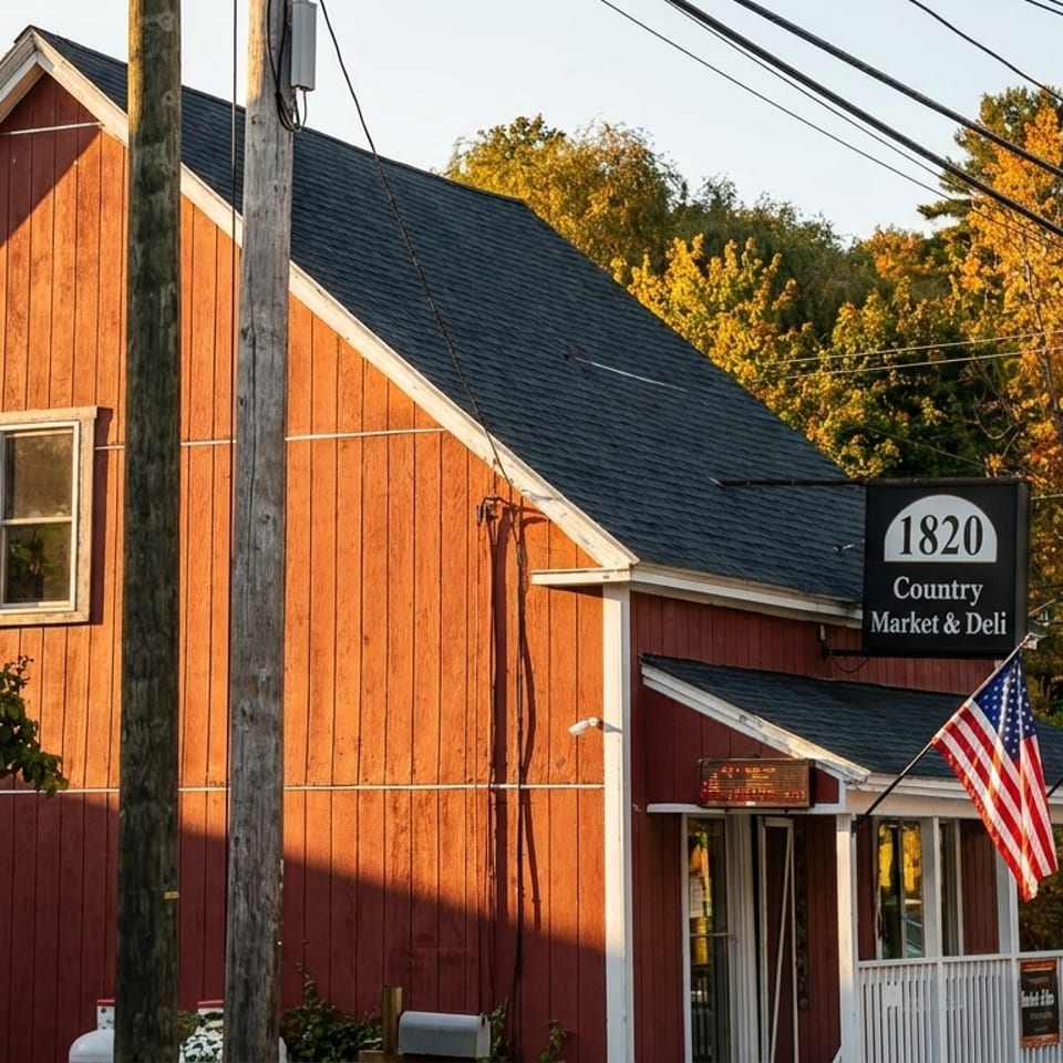 Red wooden building with a black sign for "1820 Country Market & Deli" and flags.