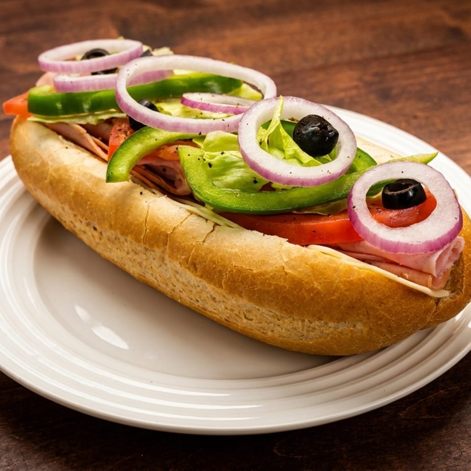 A submarine sandwich with ham, cheese, lettuce, tomatoes, green peppers, red onions, and olives.