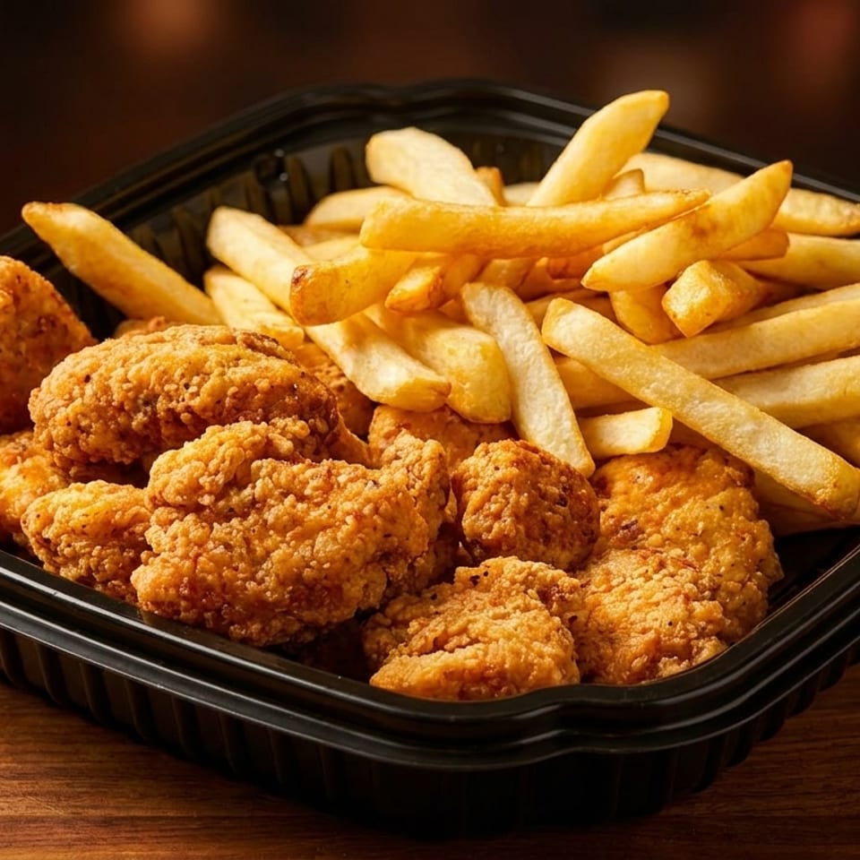 Crispy fried chicken nuggets and golden french fries in a black takeout container on a wooden table.