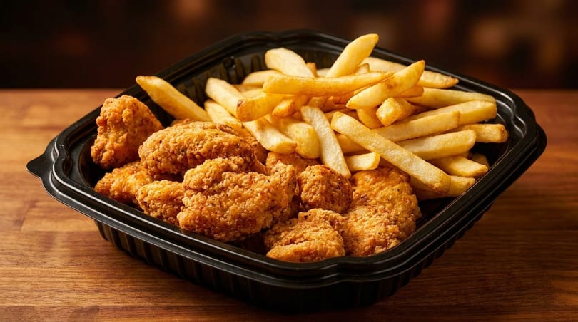 Crispy fried chicken nuggets and golden french fries in a black takeout container on a wooden table.