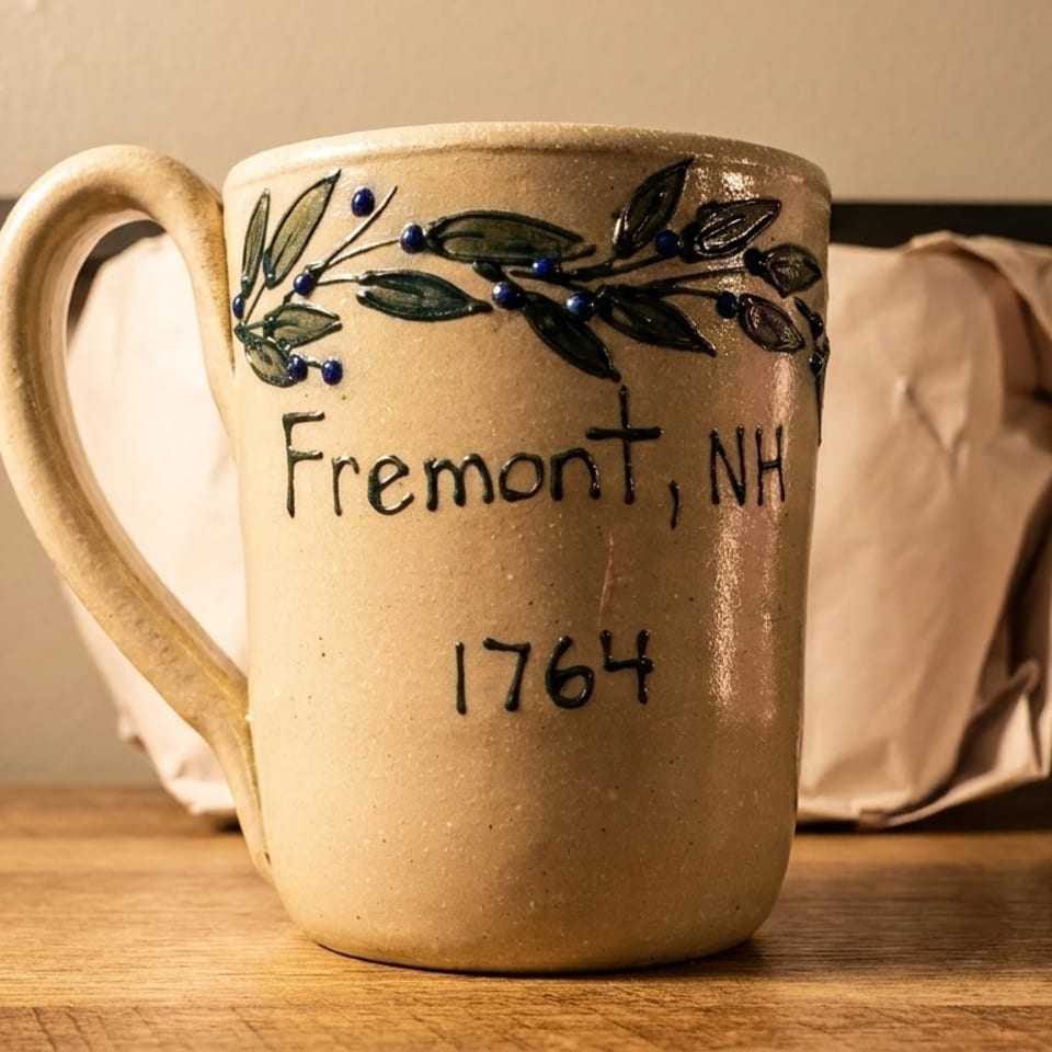 A ceramic mug with "Fremont, NH 1764" and a blue berry vine design sits on a wooden surface.